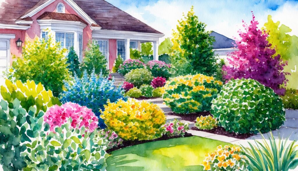 A colorful array of sun-loving shrubs in a well-maintained front yard garden, with vibrant blooms and lush green foliage