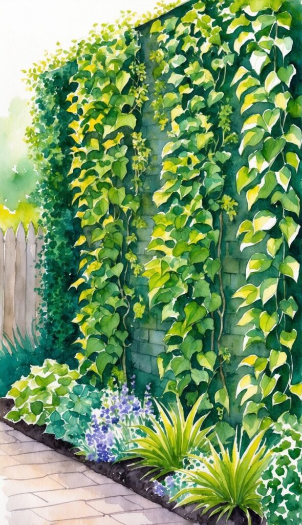 A garden wall covered in lush climbing plants, creating a vertical green oasis