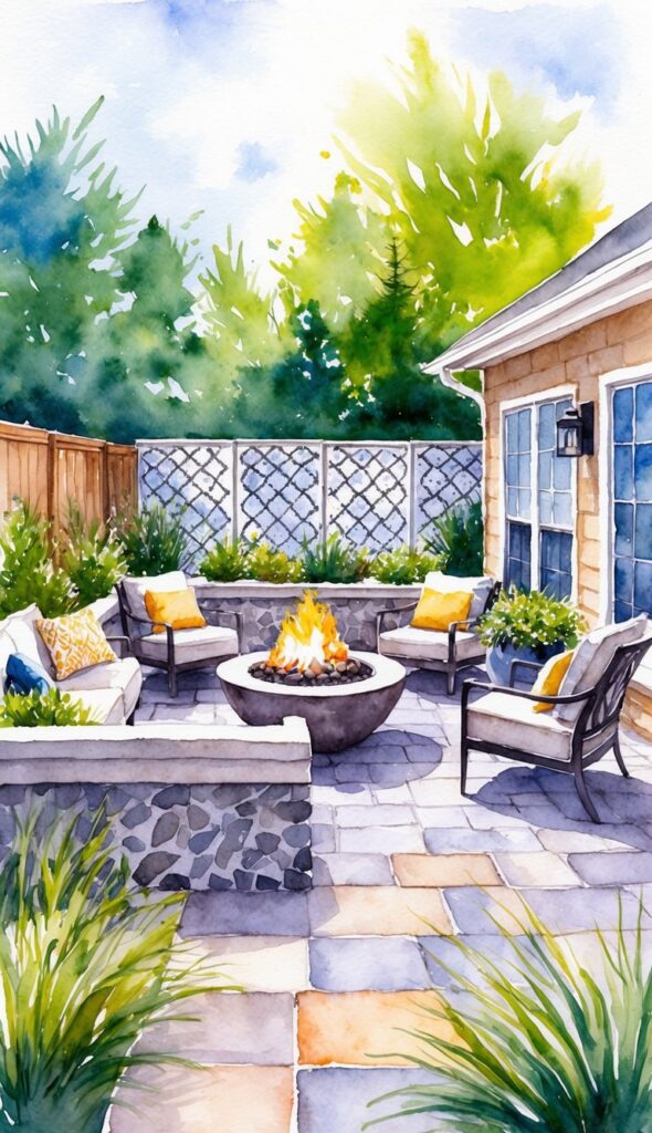 A serene backyard with a variety of hardscaping elements such as stone pathways, decorative walls, and a cozy fire pit surrounded by comfortable seating