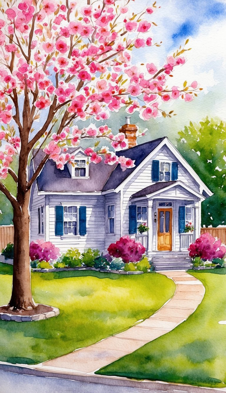 A quaint house with a blooming ornamental cherry tree in the front yard