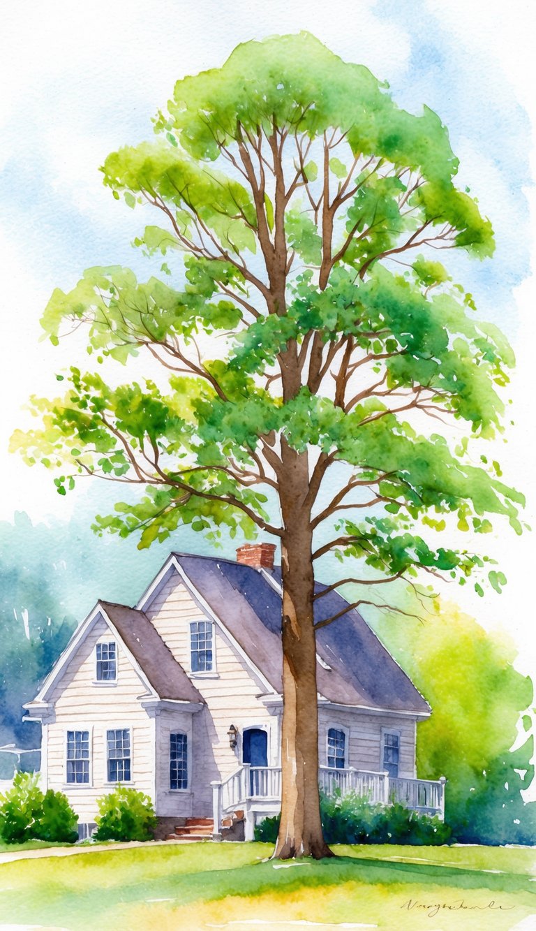 An American Hornbeam tree stands tall and sturdy near a cozy house, its branches gracefully swaying in the gentle breeze