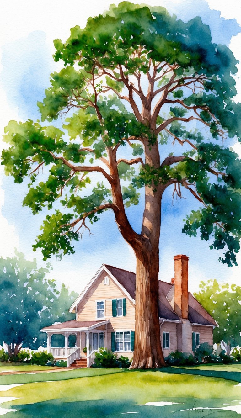 A majestic Engelmann Oak tree stands tall near a cozy house, providing shade and beauty to the surrounding landscape