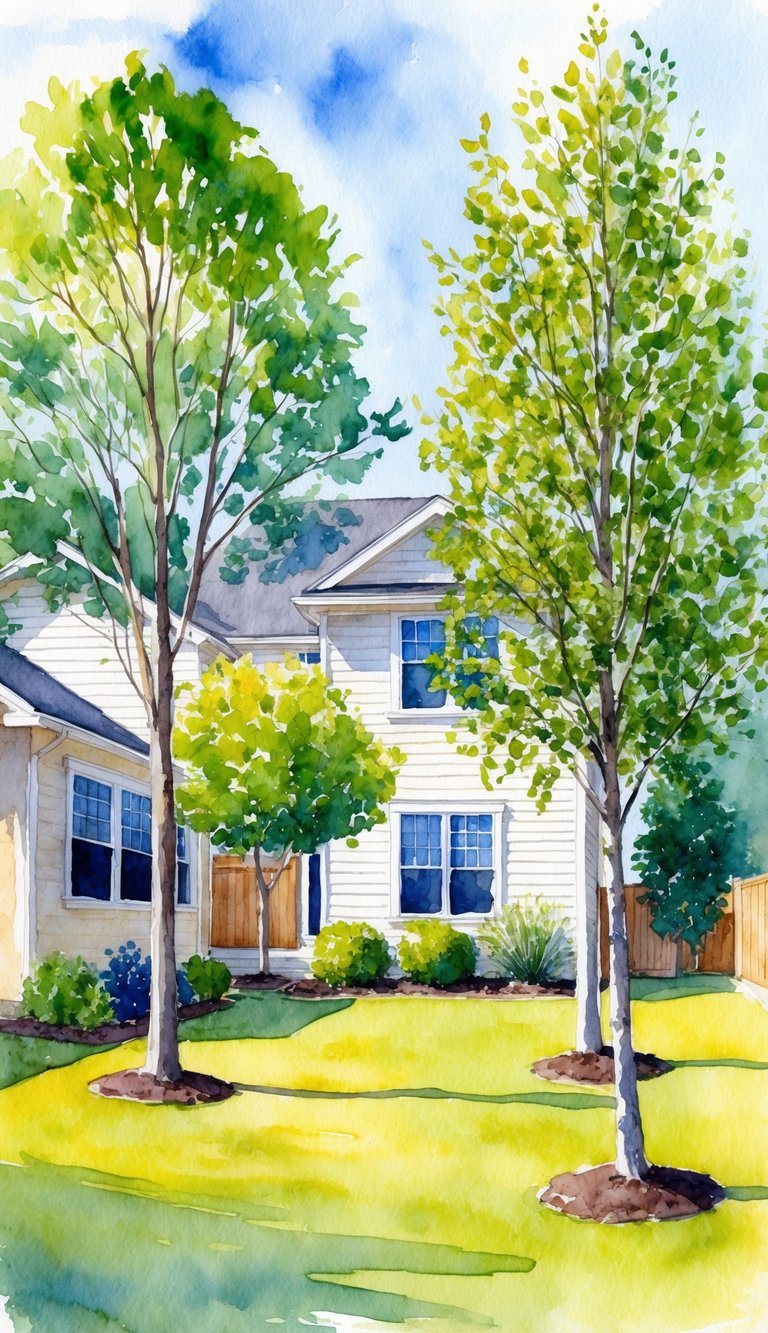 A sunny backyard with a variety of trees planted strategically around a house, considering factors such as size, root system, and distance from the building