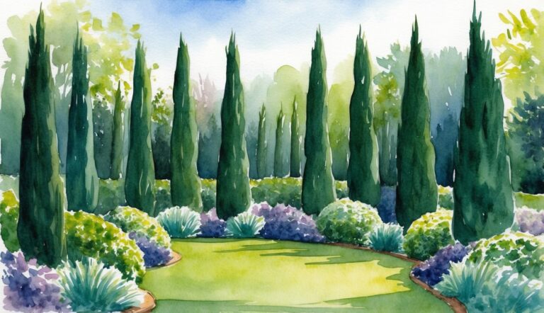 Tall, narrow shrubs form a dense barrier, providing year-round privacy in a beautifully landscaped garden setting