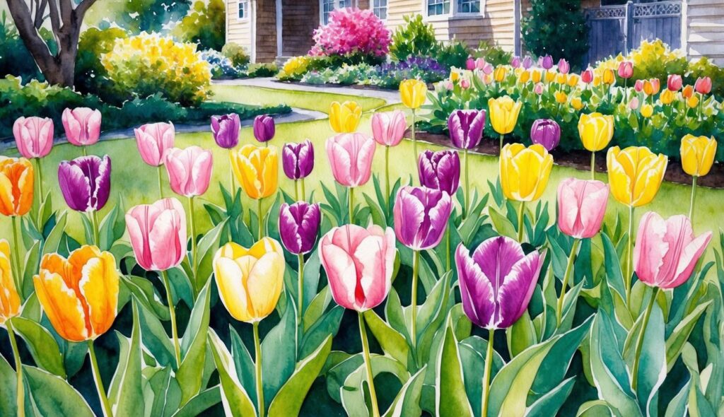 A colorful array of Darwin Tulips blooms in a lush yard, with 17 long-lasting flowers adding vibrant beauty to the landscape