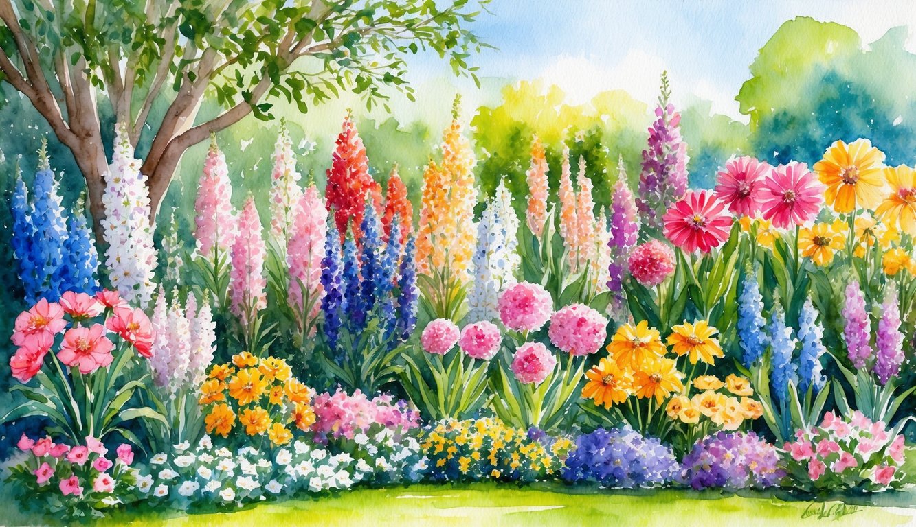 A colorful array of 17 long-lasting flowers blooming in a lush yard