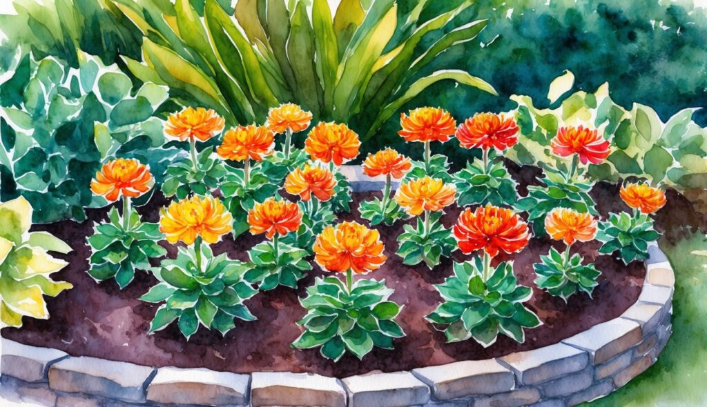A lush garden bed with 17 vibrant Autumn Joy Sedum flowers in full bloom, surrounded by green foliage