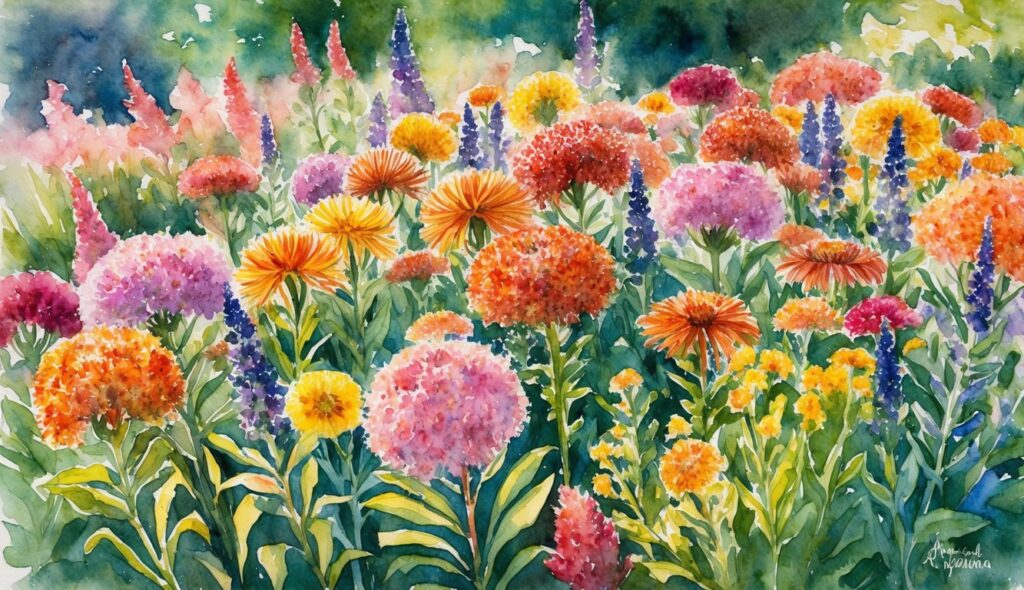 A garden filled with vibrant Gaillardia flowers in various colors, blooming profusely under the warm summer sun
