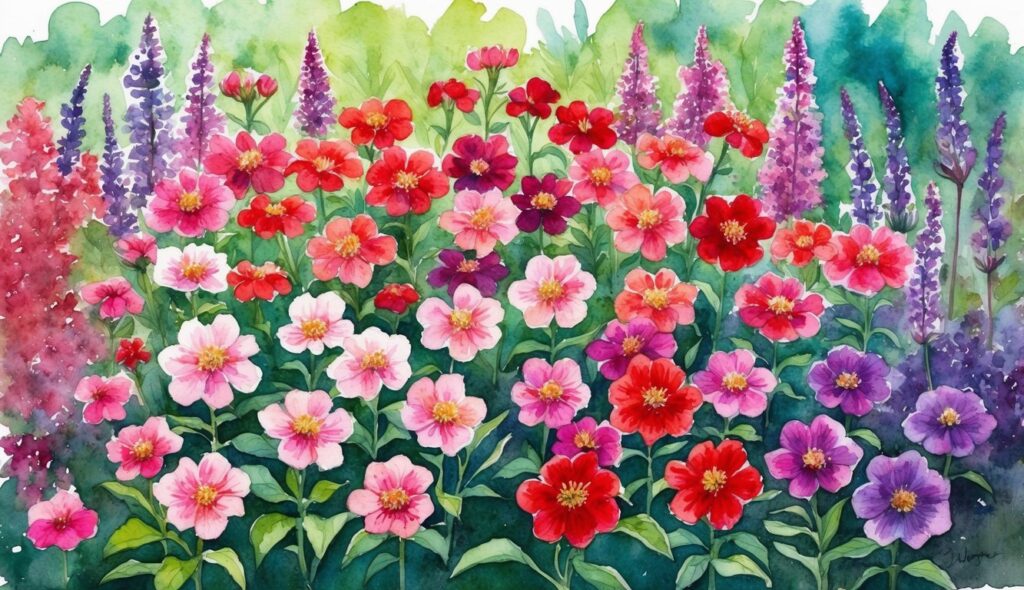 A vibrant garden filled with Bee Balm flowers in various shades of pink, red, and purple, blooming continuously throughout the summer