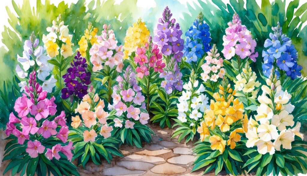 A vibrant garden with 15 Garden Phlox plants in full bloom, showcasing a variety of colors and surrounded by lush green foliage