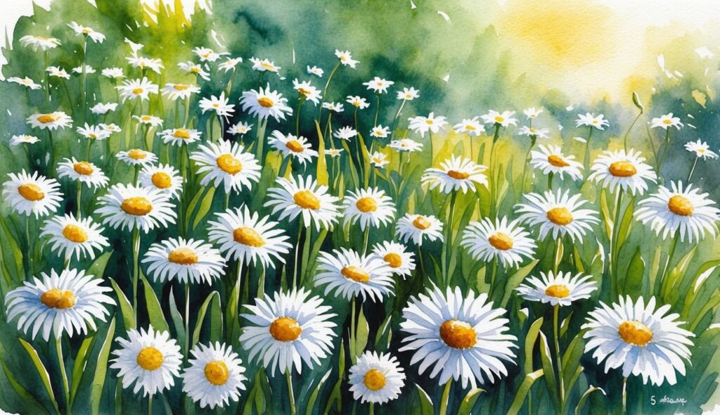 A garden filled with Shasta Daisies in full bloom, stretching out in the summer sun
