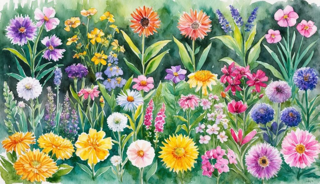 A garden with 13 different types of flowers thriving in a low sun environment, showcasing their vibrant colors and varied shapes and sizes