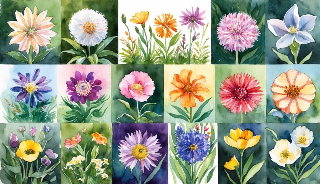 A garden with 13 different types of flowers thriving in low sunlight conditions, showcasing their vibrant colors and unique shapes