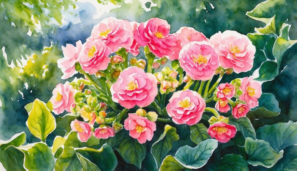 A vibrant cluster of wax begonias bloom in dappled sunlight, surrounded by lush green foliage