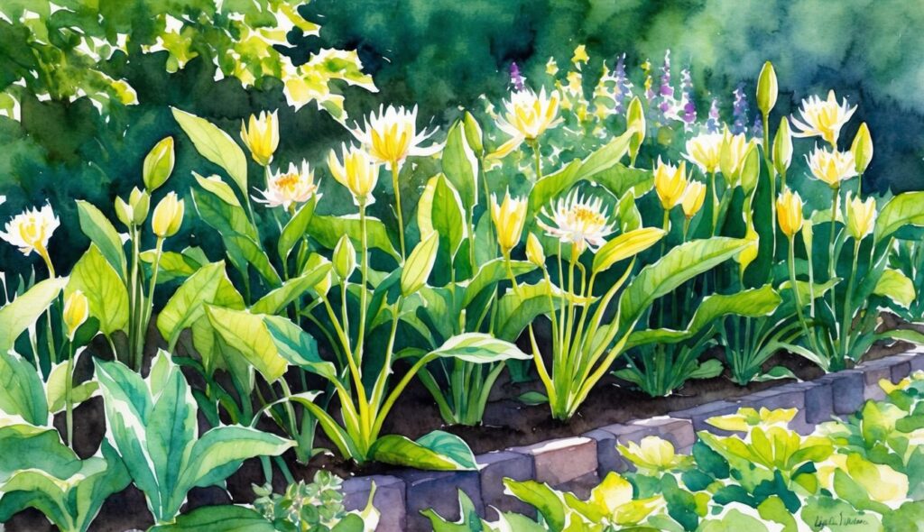 A lush garden bed filled with Toad Lilies and other low-sun flowers, with dappled sunlight filtering through the leaves