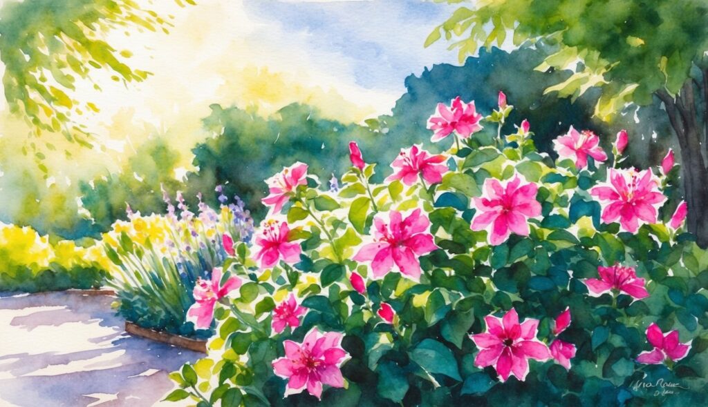 A lush garden with 13 fuchsia flowers blooming in the dappled light of a low sun