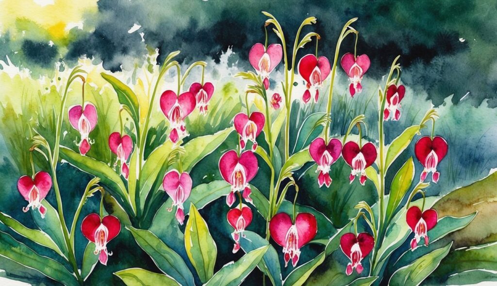 A garden with 13 Bleeding Heart flowers thriving in low sunlight