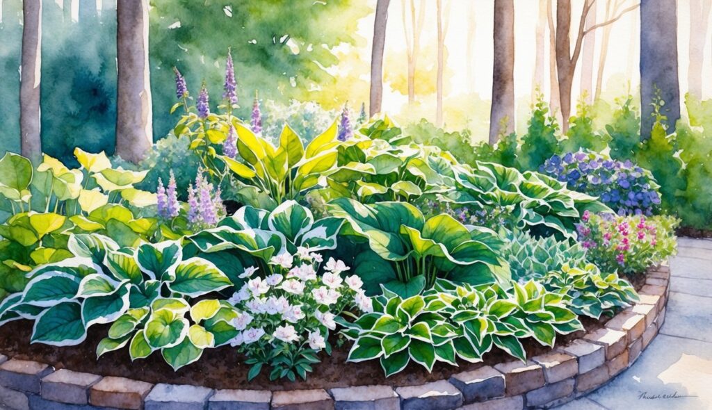 A garden bed filled with various hosta varieties and blooming flowers, basking in the soft glow of low sunlight filtering through the trees