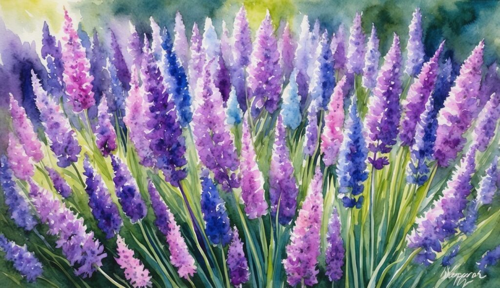 A vibrant garden filled with Nepeta flowers in various shades of purple and blue, blooming and swaying gently in the breeze