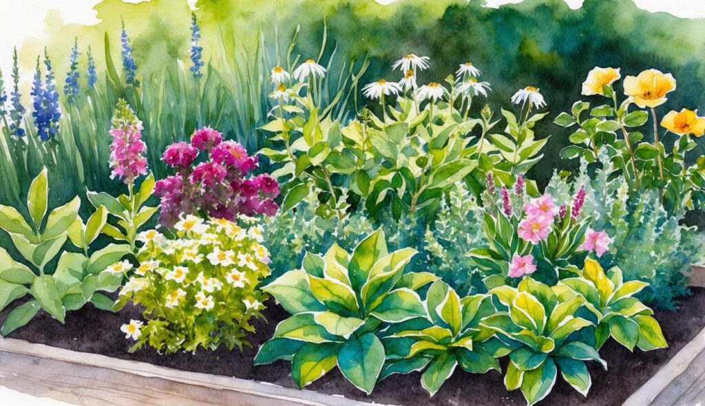 A lush garden bed with Meehania cordata and other low-sun flowers in bloom