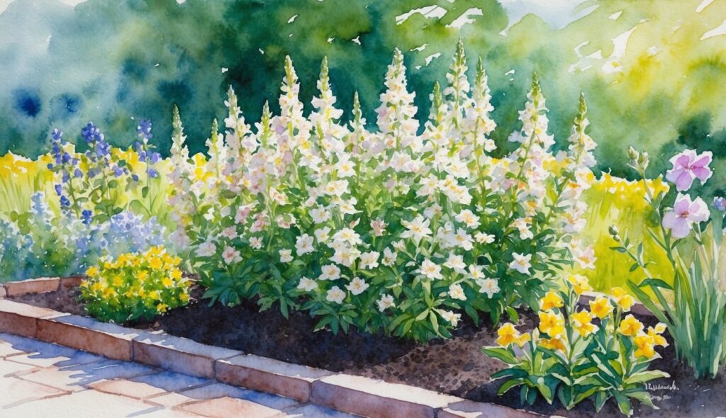 A garden bed with Phlox procumbens 'Variegata' and other low sun flowers in bloom, surrounded by dappled sunlight