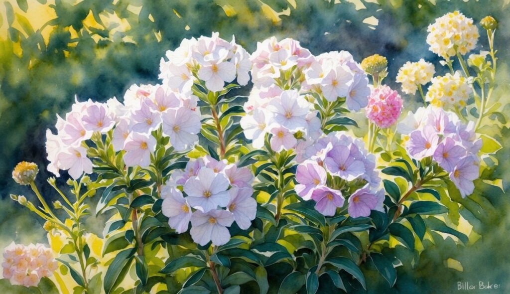 A cluster of Phlox Carolina 'Bill Baker' blooms in dappled sunlight, surrounded by other low-sun loving flowers
