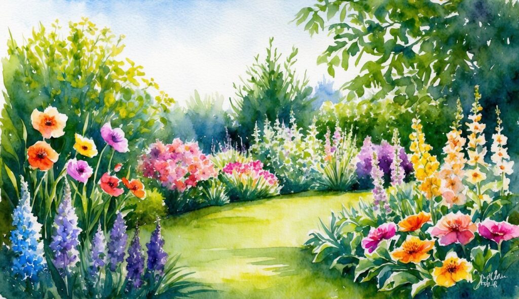 Lush garden with 13 colorful low-sun flowers in bloom