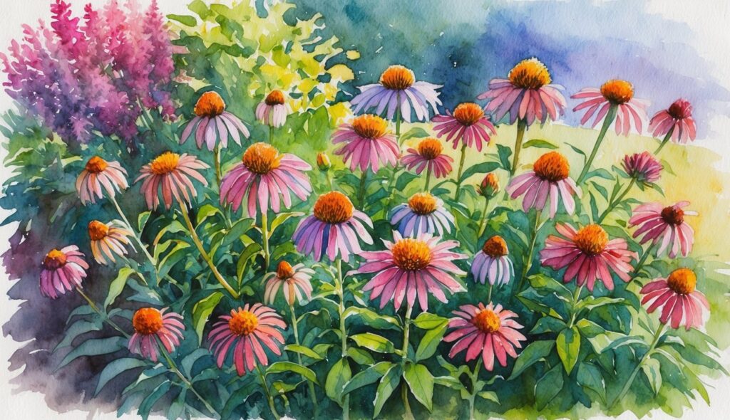 A vibrant garden with 17 blooming Echinacea flowers, adding color and beauty to the yard